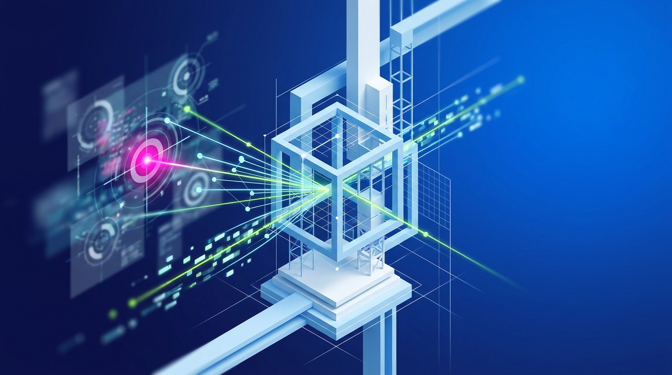 Abstract visualisation of precision signals converging through an architected core onto a target